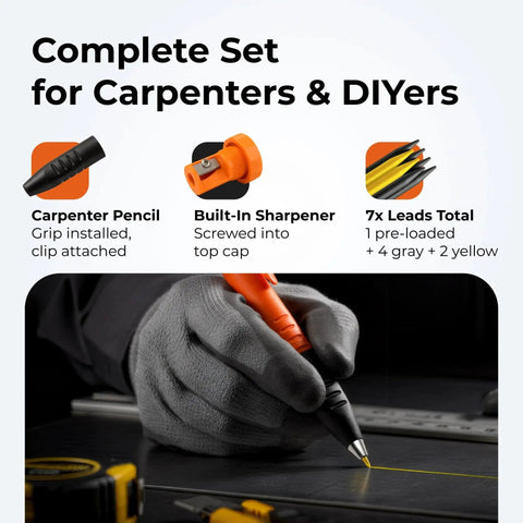 On-site marking made effortless with this 3-in-1 carpenter pencil featuring a comfortable finger grip, seven color coded leads, a built-in sharpener, and a pocket clip for quick use, delivering durable fine lines on wood, metal, and concrete with ease.