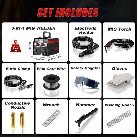 3 in 1 MIG TIG Stick Welder for Home DIY set includes welder, electrode holder, accessories, and tools for metal repair.