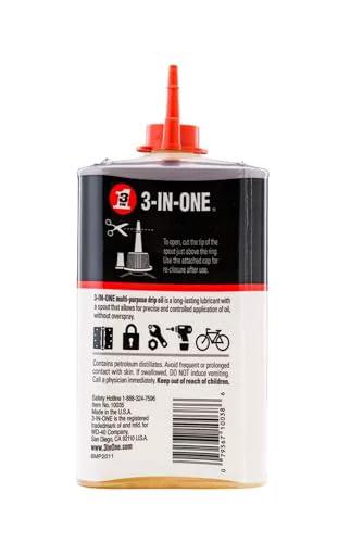 Back view of 3-IN-ONE Multi-Purpose Oil, 8 OZ bottle with spout cap and usage instructions visible on the label.