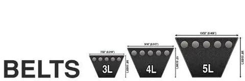 Diagram showing size comparison of 3L, 4L, and 5L belts with dimensions, illustrating belt profiles for industrial use.