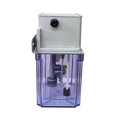 Front view of 3L Automatic Electric Gear Lubrication Pump With Sensor For Oil Lubrication System 220V with a clear reservoir