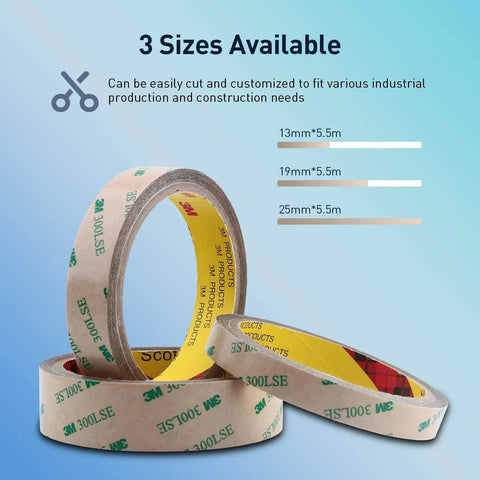 Rolls of heavy duty double sided tape 9495LE in various sizes with 300LSE adhesive, shown in front and side view