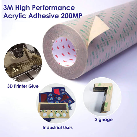 3M High Performance Acrylic Adhesive 200MP roll with examples of 3D printer glue, signage, and industrial uses.
