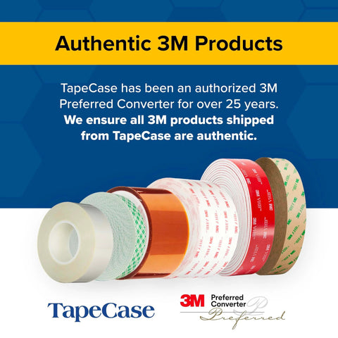 Various rolls of 3M adhesive tapes with TapeCase branding indicating authenticity and preferred converter status.