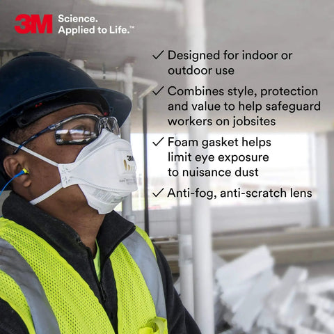Worker wearing ANSI Z87 Anti Fog Glasses With Clear Lens Blue Frame Foam Gasket Corded Ear Plug on construction site