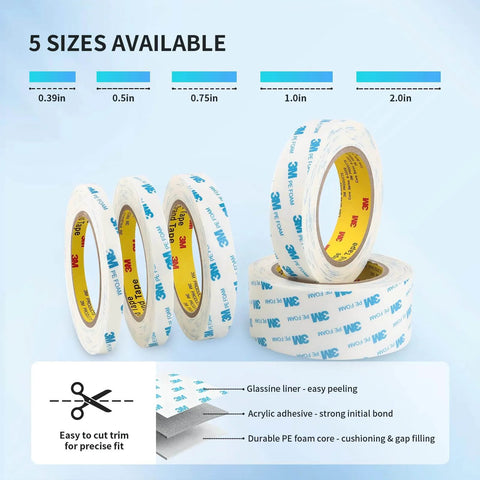 Five rolls of 3M 1600T Double Sided Foam Tape in various sizes, showing glassine liner and acrylic adhesive with PE foam.