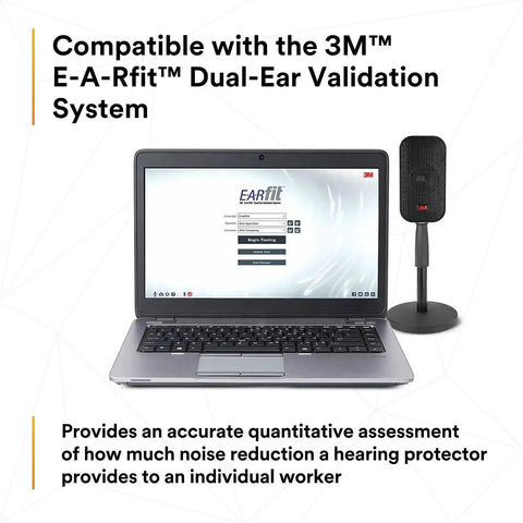 Laptop displaying 3M E-A-Rfit Dual-Ear Validation System interface with microphone setup