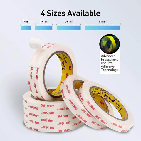 3M 4950 Heavy Duty Double Sided Foam Mounting Tape rolls displayed, available in 4 sizes, showcasing waterproof adhesive.
