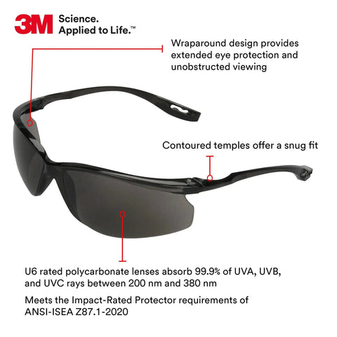 Virtua CCS Clear And Virtua Sport CCS Gray Safety Glasses with wraparound design and contoured temples, shown side view.