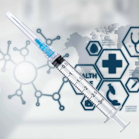 100 Pack Disposable 3ml Lab Syringes With 23G 1 Inch Luer Lock Needle Sterile Individually Sealed against scientific background