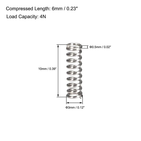 3mm OD Stainless Steel Compression Springs With 0.5mm Wire Size 6mm Compressed Length 10mm Free Length 4N Load Capacity