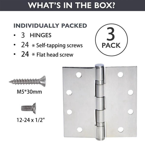 3-Pack Heavy Duty Commercial Door Hinge shown with included screws, featuring Silent Steel Plain Bearing, 4.5x4.5 inch, 3 mm thickness.