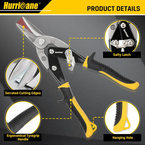 3 Piece Aviation Tin Snips Set, 10 Inch Sheet Metal Cutters With CRV Blades showing ergonomic TyGrip handle and safety latch