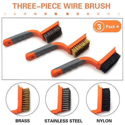 Wire Brush 3Pcs Brass/Stainless Steel/Nylon Wire Brushes for Cleaning Rust Bristle Brush Set with Rubber Curved Handle Grip
