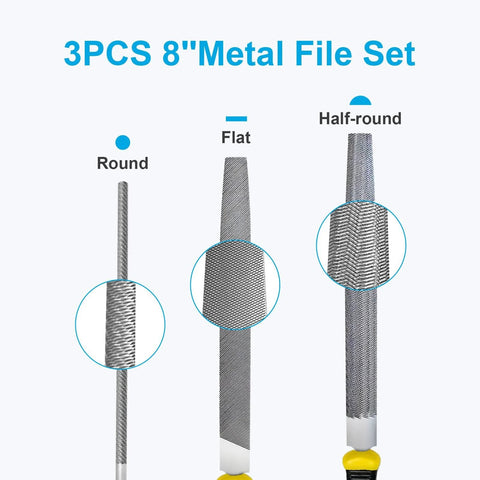3 Piece 8 Inch High Carbon Steel Metal File Set Includes Flat Round And Half Round Files For Metal And Wood Smoothing Shaping Deburring Durable Hand Files With 62 To 66 HRC Hardness For Long Lasting Sharp Edges