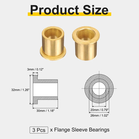 Image showing 3 Pcs Flange Sleeve Bearings With 20mm Bore, 26mm Outer Diameter, 30mm Length, 32mm Flange Diameter And 3mm Flange Thickness.