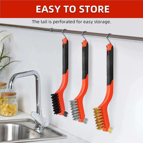 3pcs Wire Brushes for Cleaning Rust, hanging on hooks by a sink with brass, stainless steel, and nylon bristles, curved handle grip, 7 inches