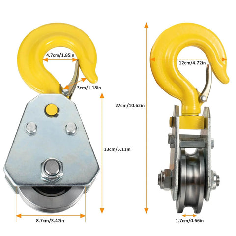 3Ton Pulley Hook Heavy Duty Pulley Lifting Block Hoist with Hook for 5/8" Wire Rope Snatch Block 1Pack dimensions shown