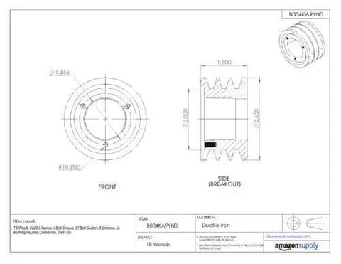 Efficient Narrow V Belt Sheave For 3V Belts With Three Grooves And Three Point One Five Inch Outer Diameter Ductile Iron Heavy Duty SH Bushing Required Model 3V3153 TB Woods technical diagram front and side views