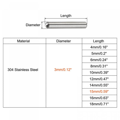 Diagram of 3x15mm Dowel Pins Set 50 Pcs 304 Stainless Steel Round Head Flat Chamfered End, highlighting dimensions