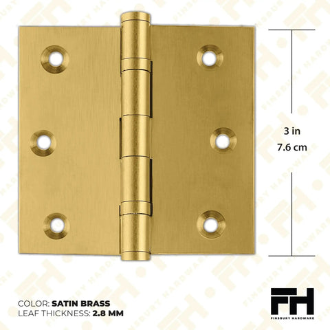 3x3 Inch Brass Ball Bearing Door Hinges For Residential And Commercial Doors, solid brass with satin brass finish, front view