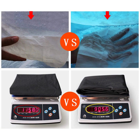 Comparison of 3XL Breathable Waterproof Car Cover with Mirror Pockets showing thickness and weight next to competitor material