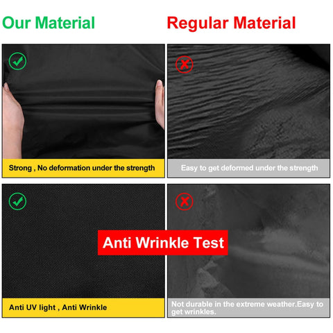 Comparison of 3XL Breathable Waterproof Car Cover with Mirror Pockets - All-Season Protection for SUV, Pickup Trucks, Large Vehicles fabric versus regular material, highlighting strength and anti-wrinkle features.
