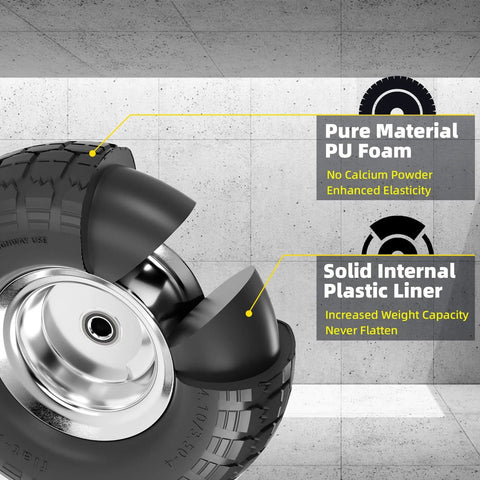 Close-up view of 4.10/3.50-4 Flat Free Tire showcasing solid internal plastic liner and pure PU foam construction.