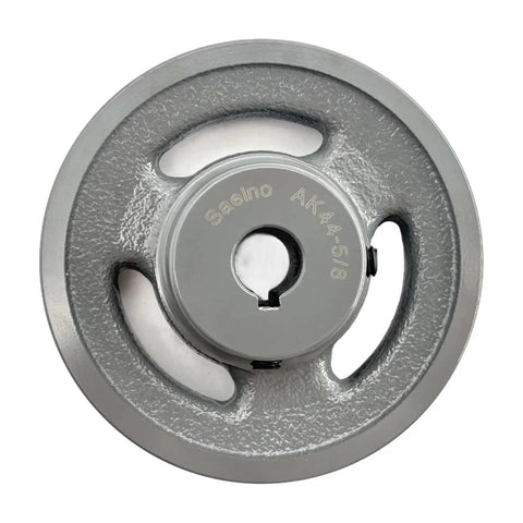 Front view of 4.25 Inch V Belt Pulley for 5/8 Inch Bore Shaft, One Groove, Cast Iron, AK4458 Pulley by Saelno, anti-rust finish and precision-milled.
