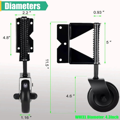 Side and front view of 4.3 Inch Heavy Duty Gate Wheel With Spring Loaded Mechanism PVC Gate Wheel Caster, dimensions shown, rust resistant.