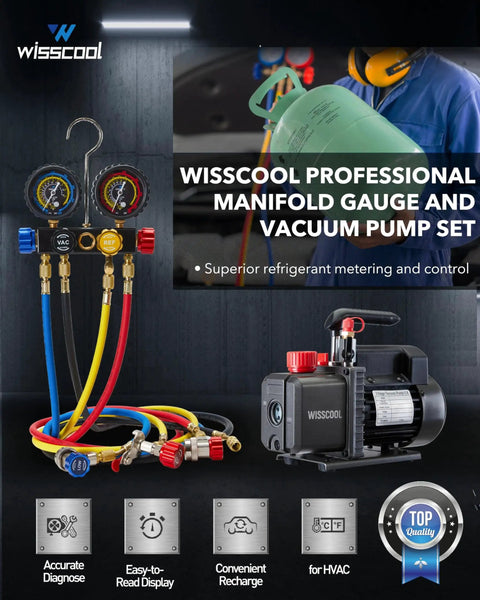 Wisscool Four Point Five CFM 110V One Third HP AC Vacuum Pump With 4 Way Gauge Kit for HVAC and Refrigeration with hoses and manifold