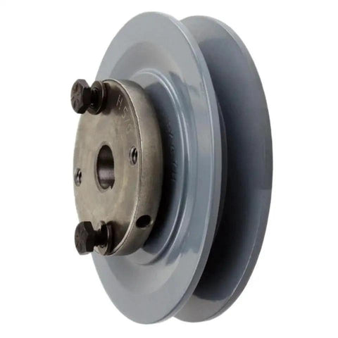 Durable 4.5 Inch Cast Iron Single Groove Pulley Designed For 5L Belts With A 5/8 Inch Bushing, side view of smooth gray pulley