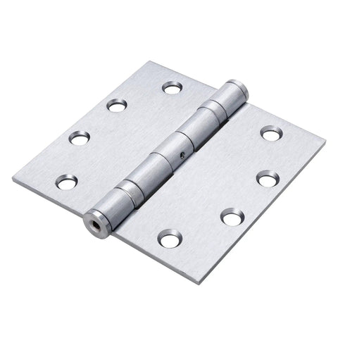 Close-up of single hinge from Commercial 4 Pack 4.5 Inch Ball Bearing Door Hinges Satin Chrome Finish for light to medium weight doors.