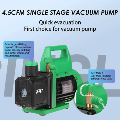 Powerful 110V One Third HP Vacuum Pump With 4.5 CFM Flow For HVAC Service, refrigerant recharging, resin degassing, and vacuum testing