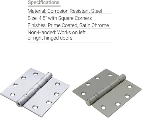 4 Pack 4.5 Inch Ball Bearing Door Hinges Prime Coated For Smooth Quiet Opening And Closing