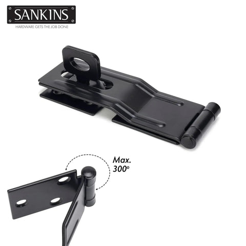 Four And A Half Inch Swivel Staple Safety Hasps With Twist Knob Locking For Fence Gate And Cabinet Heavy Duty Zinc Plated Steel Black Finish Anti Theft Design Keeps Doors Secure Without Padlock, with focus on 300-degree hinge functionality in black finish