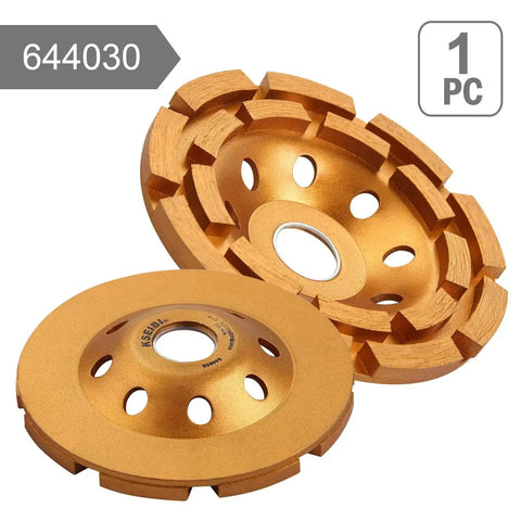 Diamond Concrete Grinding Wheel Four And One Half Inch Double Row Segmented Cup for angle grinder, front and side view