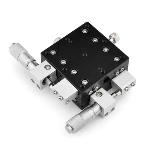 Front view of a Precision xyzr 4 axis 2.36"x2.36" manual linear positioning stage bearing tuning platform, 60x60mm, with adjustment knobs.