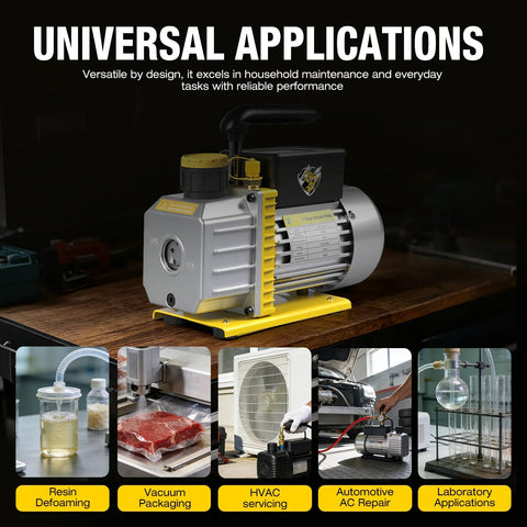 Vacuum pump 4 CFM, 110V, gray metal body with yellow base for HVAC servicing