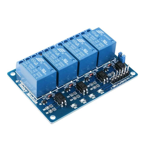 4 Channel 5V Relay Module With Optocoupler For Arduino UNO R3 Mega 2560 DSP ARM PIC AVR STM32 Projects Active Low 10A At 250VAC And 10A At 30VDC Contacts Direct Microcontroller Interface Status LEDs DIY Friendly Safe Operation, blue circuit board with four blue relays