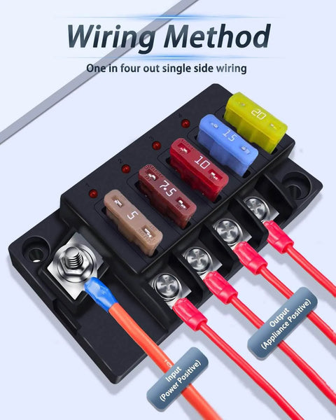 12V Four Circuit Fuse Block Kit with Waterproof Marine Fuse Panel showing wiring method and connections