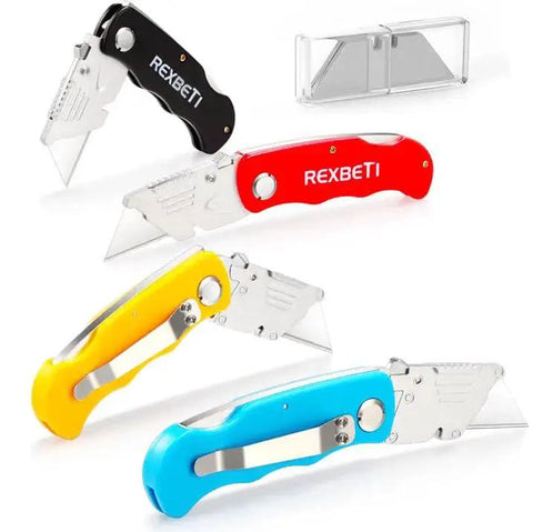 4-pack folding utility knife with quick-change blades and back-lock in four colors and extra SK5 blades, ideal for box opening.