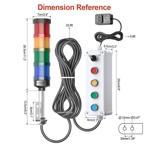 4 Stack Super Bright LED Andon Tower Lights with Red Yellow Green Blue LEDs, dimensions, 24V DC, extension cord, adapter