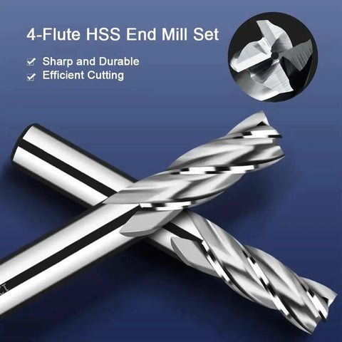 Close-up of 10 Piece 4 Flute End Mill Set In Metric Sizes From 2mm To 12mm HSS High Speed Steel For CNC Milling.