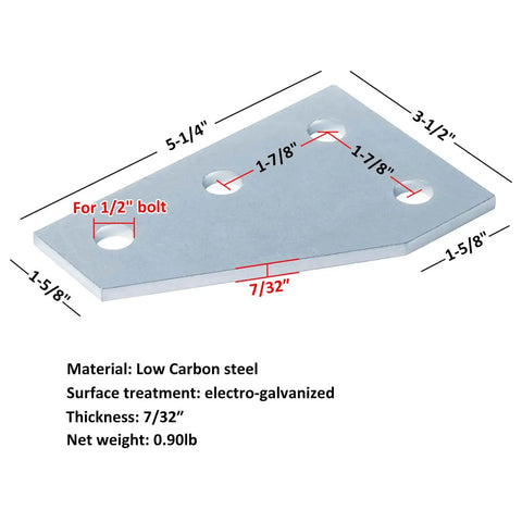 Durable carbon steel 4-pc flat plate fittings for 1-5/8 inch strut channel, 4-hole corner gusset brackets with 7/32 inch thickness, electro-galvanized finish, showing measurements and bolt size on flat surface.