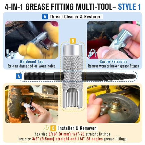 All In One Grease Zerk Fitting Tool Set for Install Remove Rethread with Removal Tool fits SAE and NPT sizes