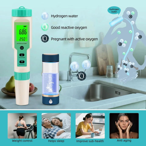 4 In 1 Hydrogen Water Tester With pH ORP H2 And Temperature Meter showcasing usage and benefits like sleep improvement and weight control