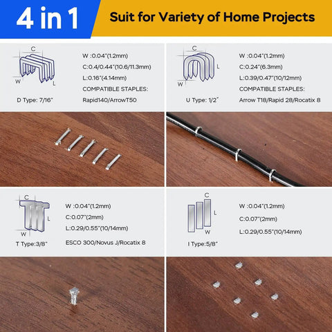 Diagram showing staple types compatible with Heavy Duty 4 In 1 Upholstery Staple Gun With 4000 Staples And 1000 Pins.