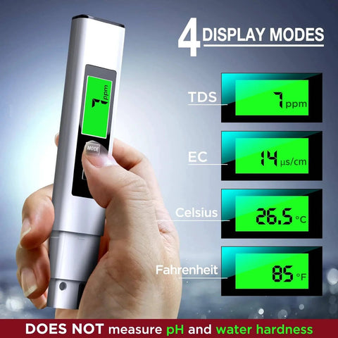 4 in 1 Tds Meter Digital Water Tester displaying TDS, EC, Celsius, and Fahrenheit readings held in hand