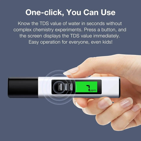 Hand holding 4 in 1 Tds Meter Digital Water Tester displaying TDS value on screen, designed for professional testing of drinking water